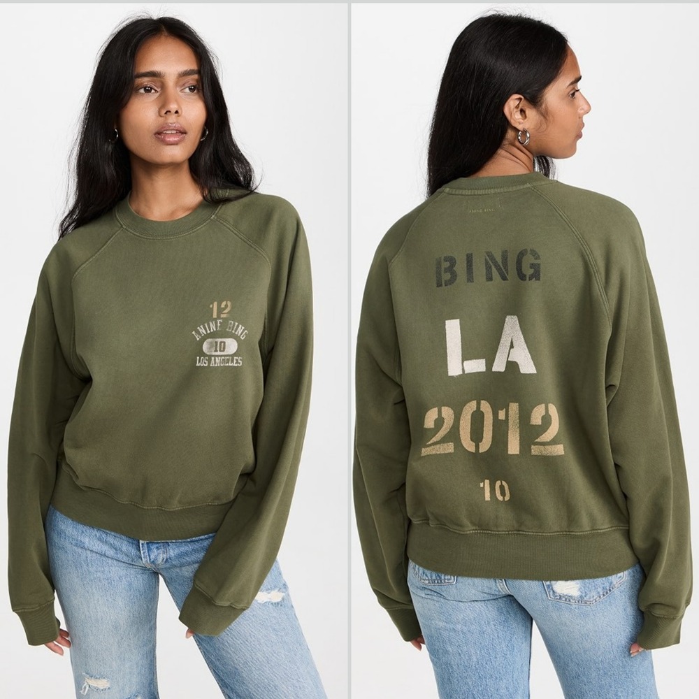 Anine Bing Jyl Sweatshirt Size Medium Olive Green LA 2012 Graphic Raglan Cotton